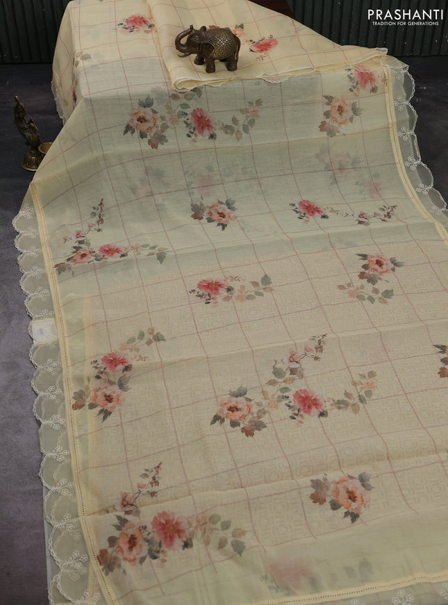 Pale Yellow Mul Cotton - Organza Border
