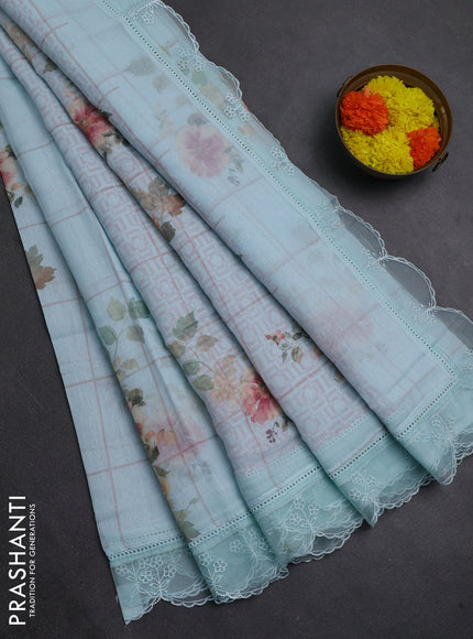 Teal Blue Mul Cotton - Organza Border