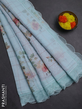 Teal Blue Mul Cotton - Organza Border
