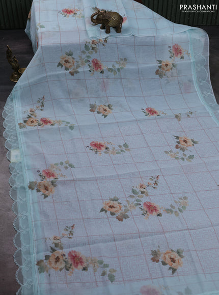 Teal Blue Mul Cotton - Organza Border