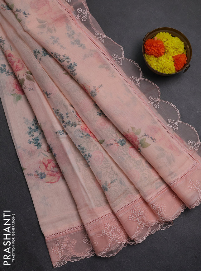 Peach Orange Mul Cotton - Organza Border