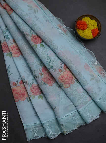 Teal Blue Mul Cotton - Organza Border