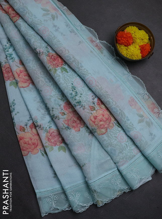 Teal Blue Mul Cotton - Organza Border