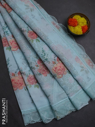 Teal Blue Mul Cotton - Organza Border