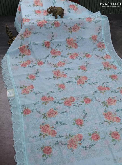 Teal Blue Mul Cotton - Organza Border