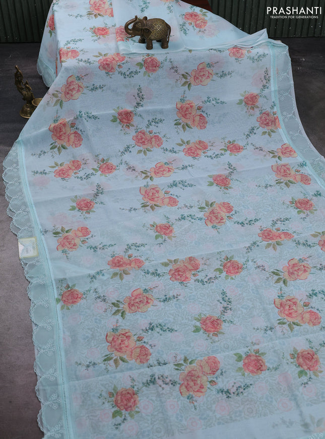 Teal Blue Mul Cotton - Organza Border