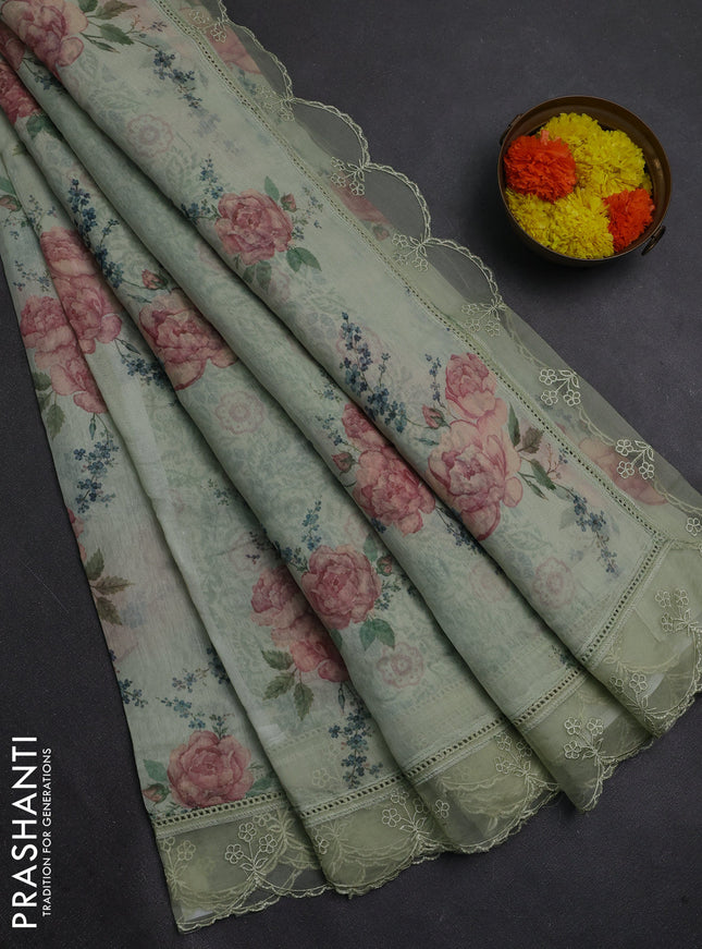 Pista Green Mul Cotton - Organza Border