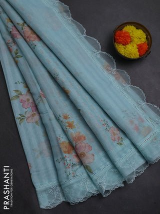 Teal Blue Mul Cotton - Organza Border