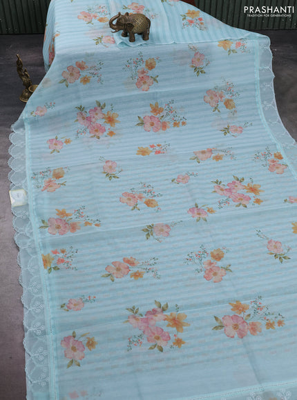 Teal Blue Mul Cotton - Organza Border