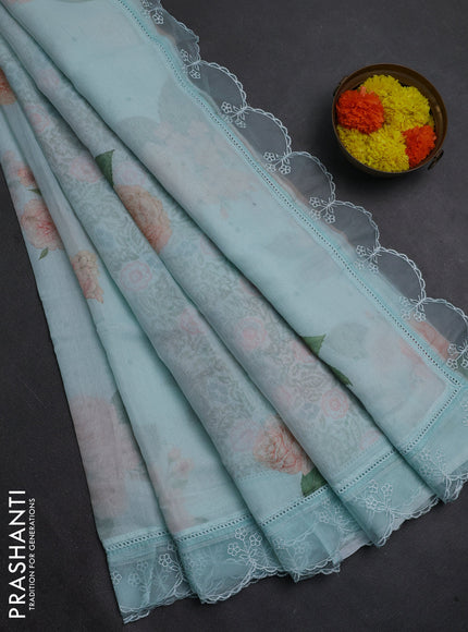 Teal Blue Mul Cotton - Organza Border