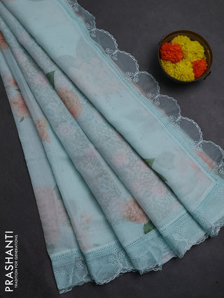 Teal Blue Mul Cotton - Organza Border