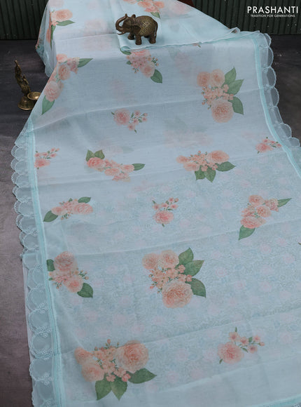 Teal Blue Mul Cotton - Organza Border