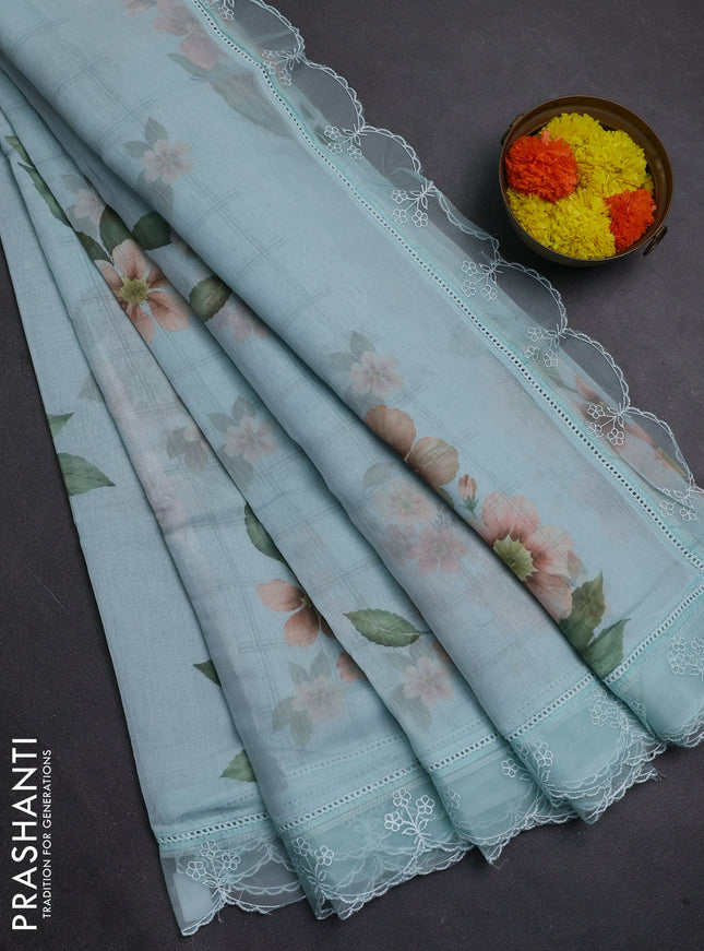 Teal Blue Mul Cotton - Organza Border