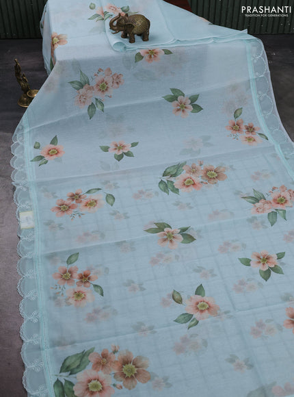 Teal Blue Mul Cotton - Organza Border