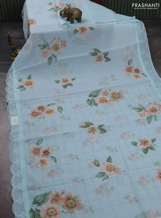 Teal Blue Mul Cotton - Organza Border