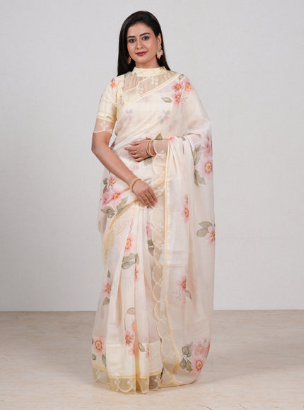 Pale Yellow Mul Cotton - Organza Border