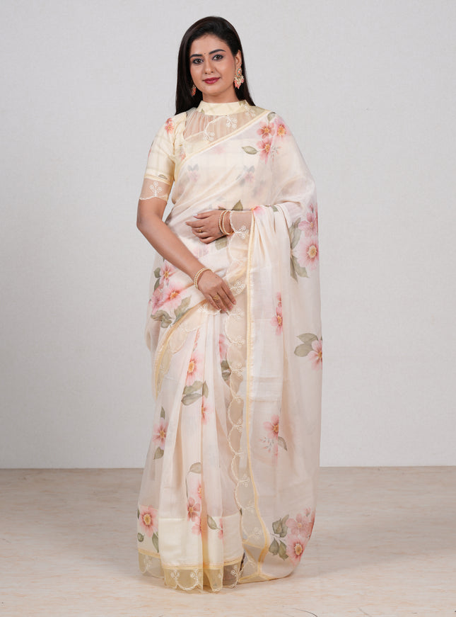 Pale Yellow Mul Cotton - Organza Border