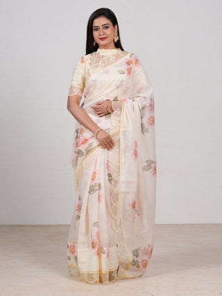 Pale Yellow Mul Cotton - Organza Border