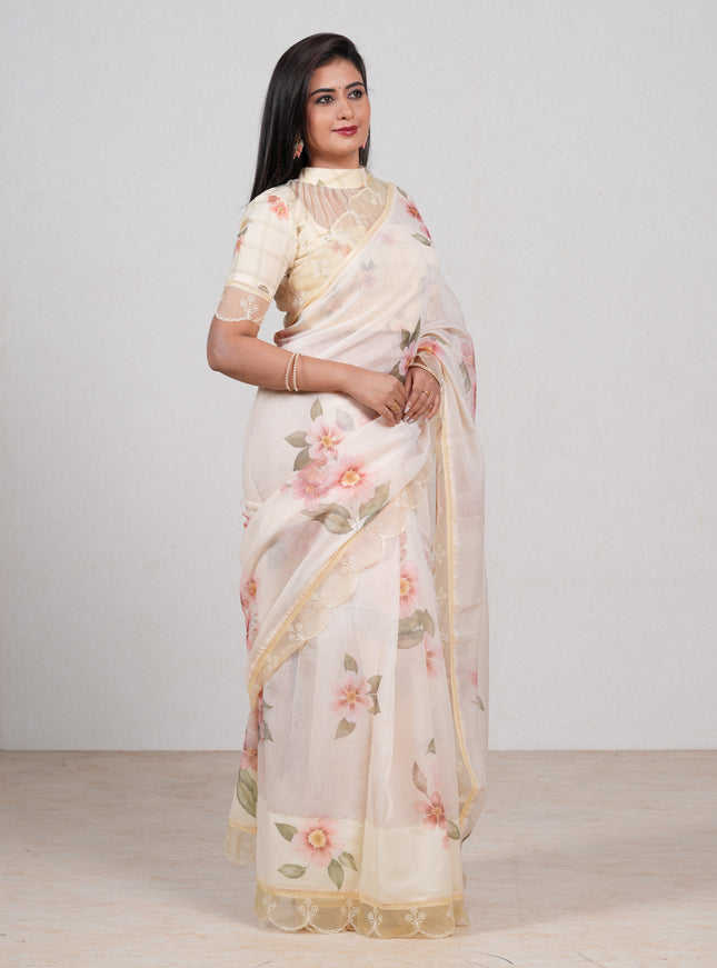 Pale Yellow Mul Cotton - Organza Border