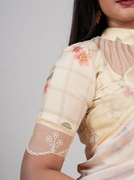 Pale Yellow Mul Cotton - Organza Border