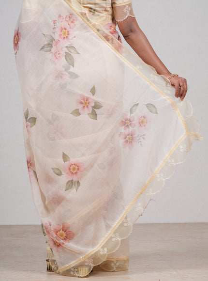 Pale Yellow Mul Cotton - Organza Border