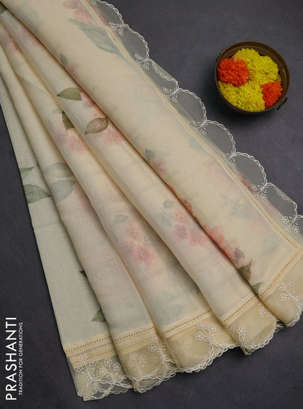 Pale Yellow Mul Cotton - Organza Border