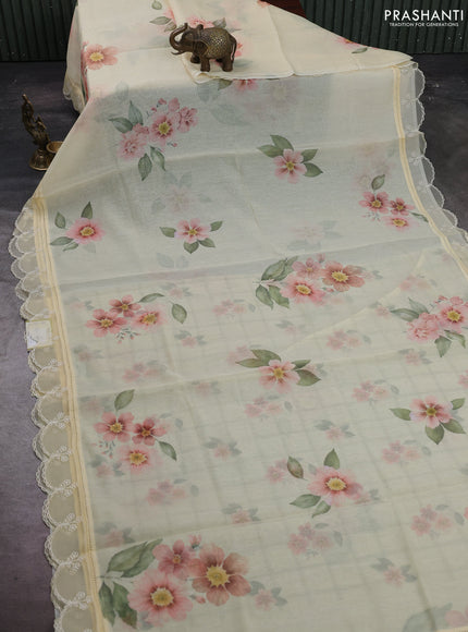 Pale Yellow Mul Cotton - Organza Border