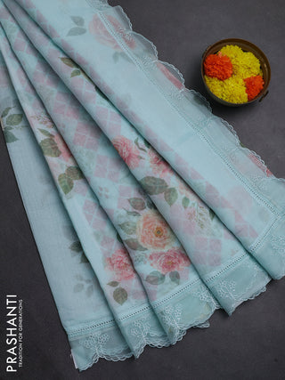 Teal Blue Mul Cotton - Organza Border