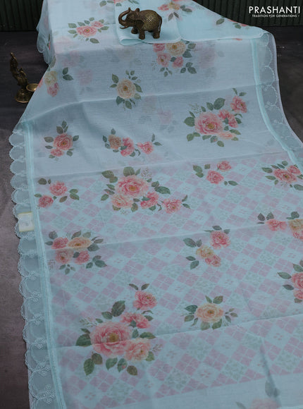Teal Blue Mul Cotton - Organza Border