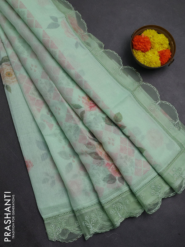 Pista Green Mul Cotton - Organza Border