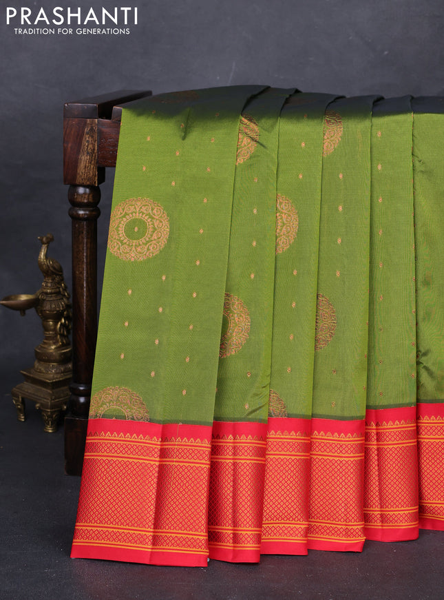 Mehendi Green & Red Semi Paithani Silk Saree