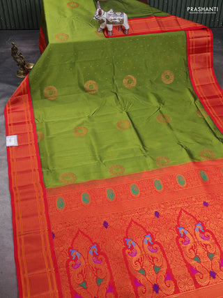 Mehendi Green & Red Semi Paithani Silk Saree