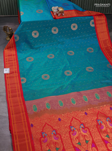 Blue & Red Semi Paithani Silk Saree