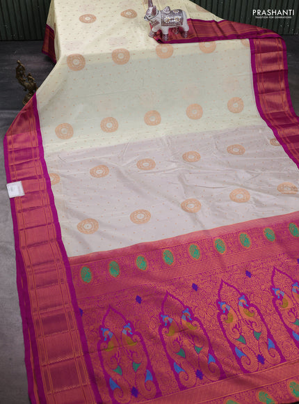 Cream & Magenta Pink Semi Paithani Silk Saree