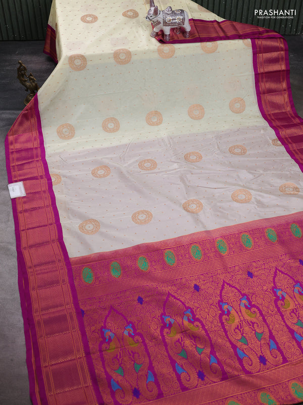 Cream & Magenta Pink Semi Paithani Silk Saree