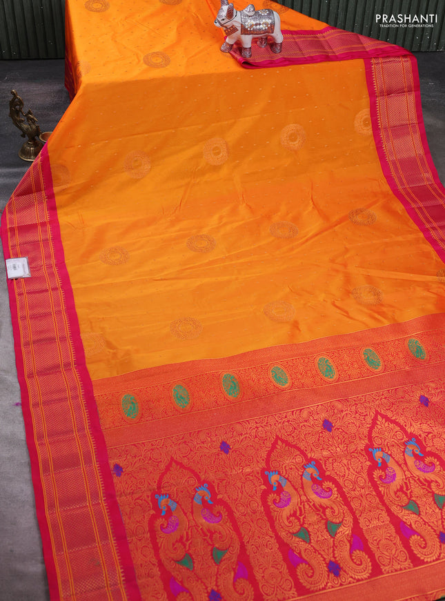 Mango Yellow & Pink Semi Paithani Silk Saree
