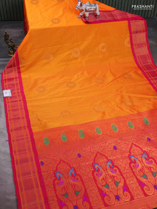 Mango Yellow & Pink Semi Paithani Silk Saree