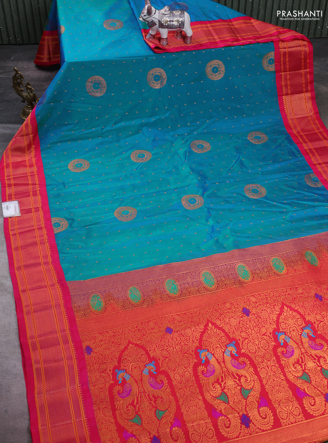 Teal Blue & Pink Semi Paithani Silk Saree