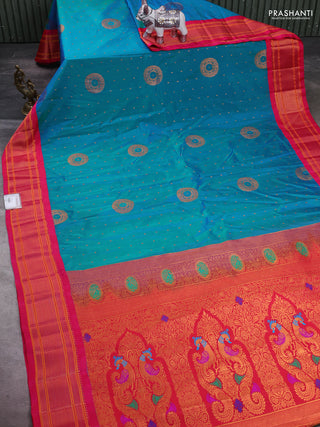 Teal Blue & Pink Semi Paithani Silk Saree