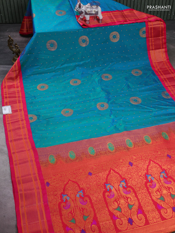 Teal Blue & Pink Semi Paithani Silk Saree
