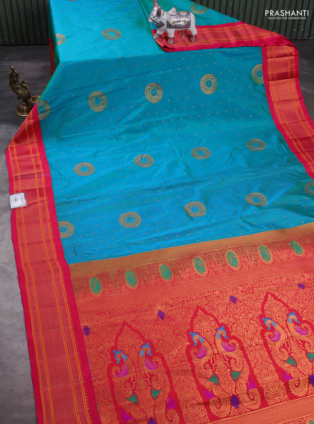 Teal Green & Pink Semi Paithani Silk Saree