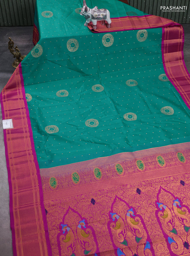 Teal Blue & Magenta Pink Semi Paithani Silk Saree