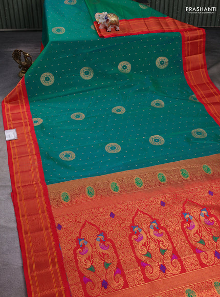 Teal Green & Red Semi Paithani Silk Saree