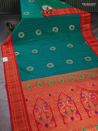 Teal Green & Red Semi Paithani Silk Saree