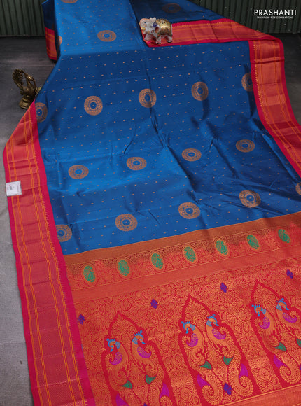 Peacock Blue & Pink Semi Paithani Silk Saree