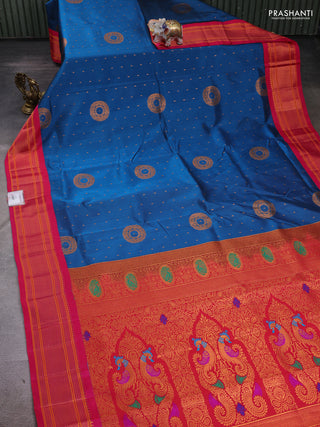 Peacock Blue & Pink Semi Paithani Silk Saree
