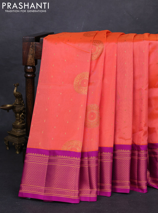 Peach Orange & Magenta Pink Semi Paithani Silk Saree