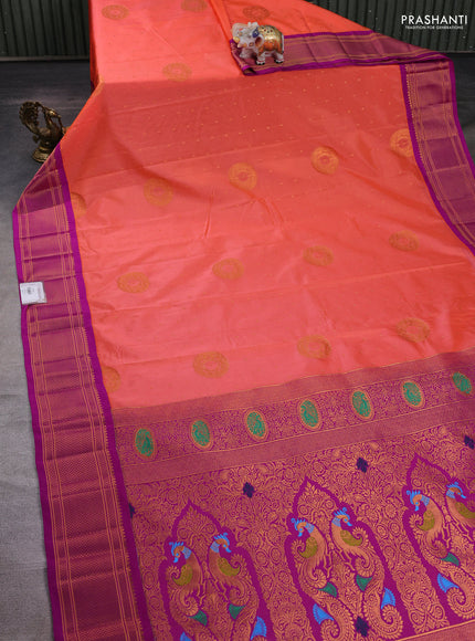 Peach Orange & Magenta Pink Semi Paithani Silk Saree