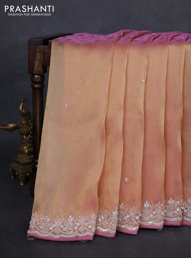 Peach & Mauve Pink Tissue Silk Embroidery Saree