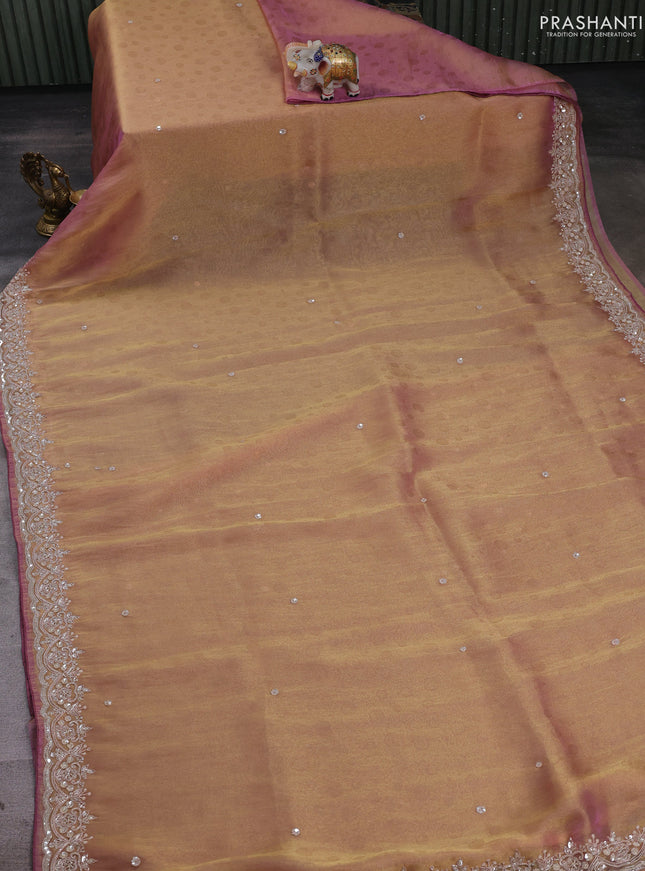 Peach & Mauve Pink Tissue Silk Embroidery Saree